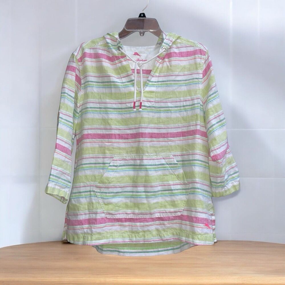 Tommy Bahama M 100% Linen Striped Tulum Beach V-Neck Relaxed Pullover Hoodie